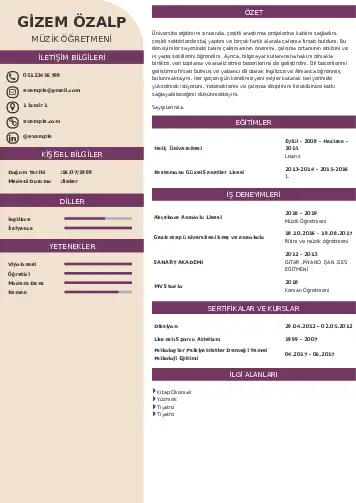 Müzik Öğretmeni Cv Örnekleri cv indir